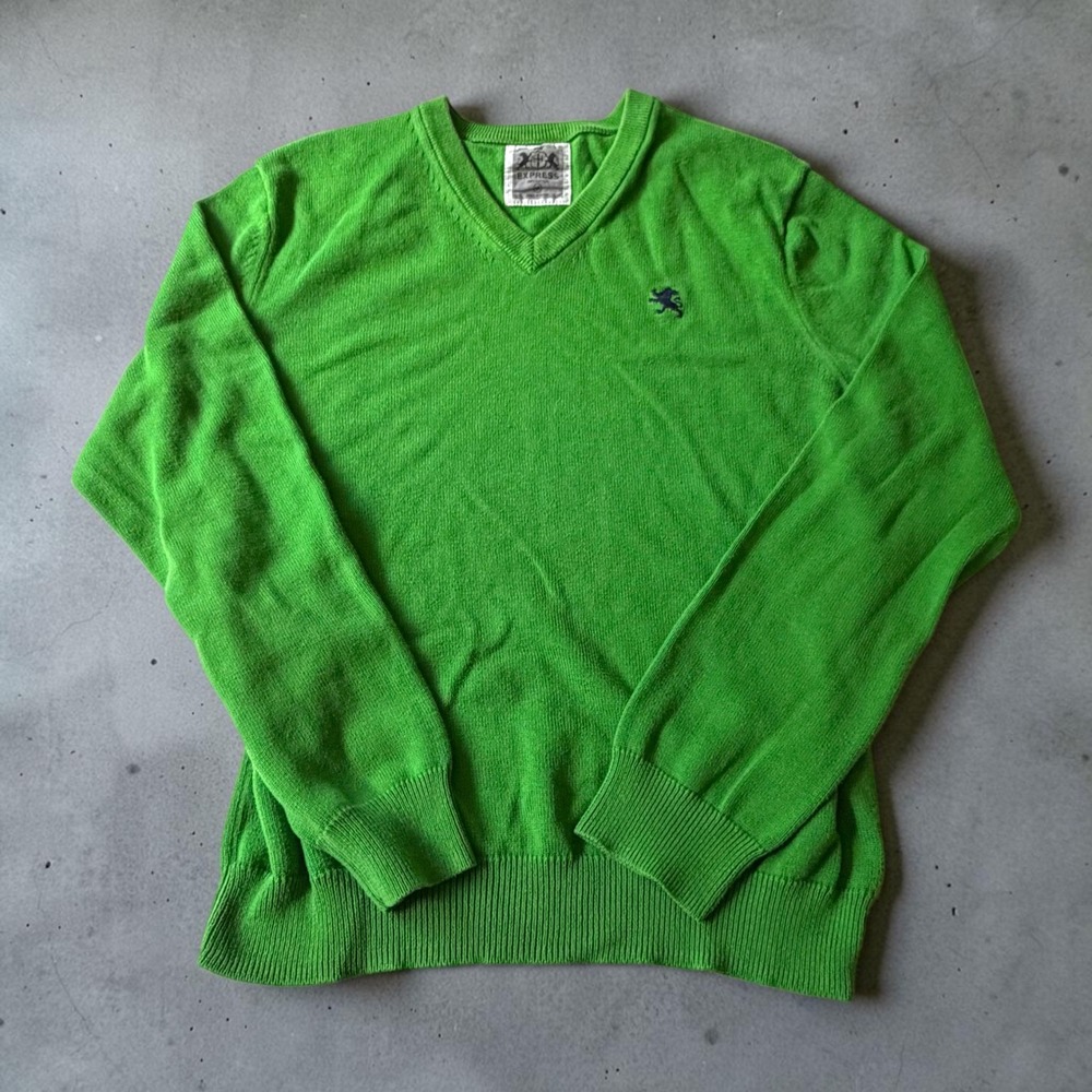 Express Mens V-Neck Sweater Lime Green 100% Cotton Lion Logo Pullover Size M Y2K